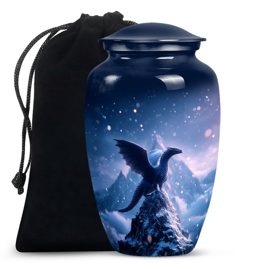 Dusty Blue Dragon Cremation Urn angled view of lid and engraved motif - classic sculpted dragon pattern on smooth aluminum - full-size 10 inch 200 cubic inch adult cremation urn