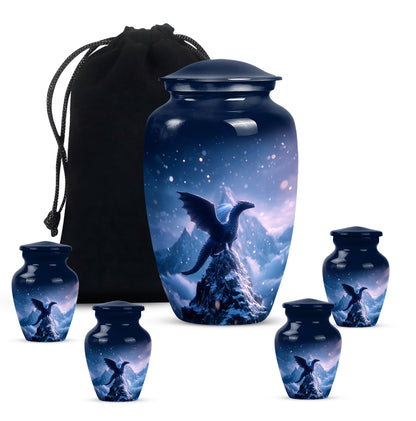 Royal Blue Dragon Cremation Urn top-down view of secure threaded lid - elegant classic dragon relief with fine detailing - memorial set with one large and four small urns