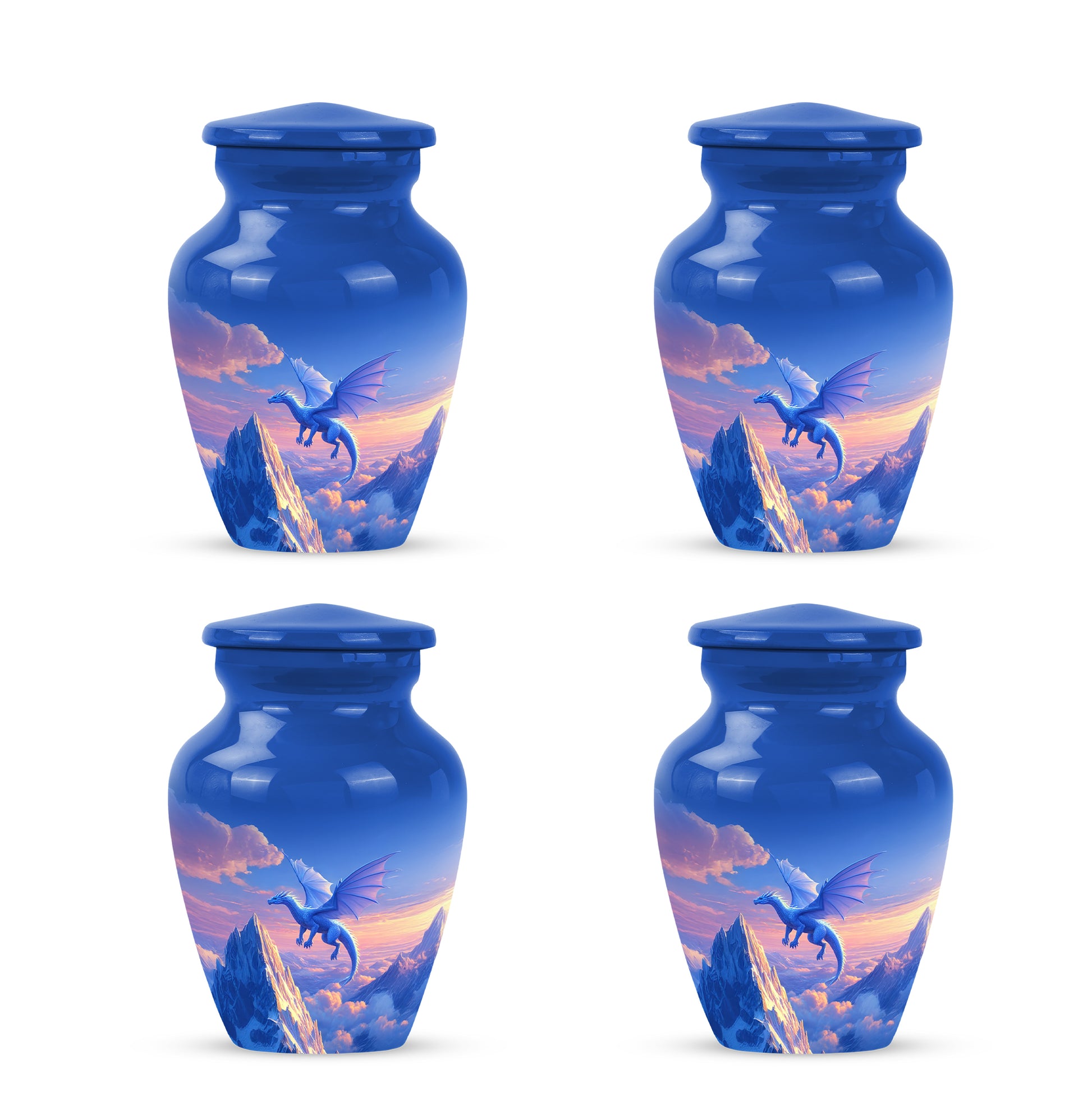 Slate Blue Dragon Cremation Urn side profile showing urn shape - timeless dragon motif etched into premium metal - 10 inch aluminum urn for cremated remains