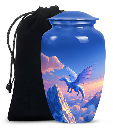 Dusty Blue Dragon Cremation Urn angled view of lid and engraved motif - timeless dragon motif etched into premium metal - full-size 10 inch 200 cubic inch adult cremation urn