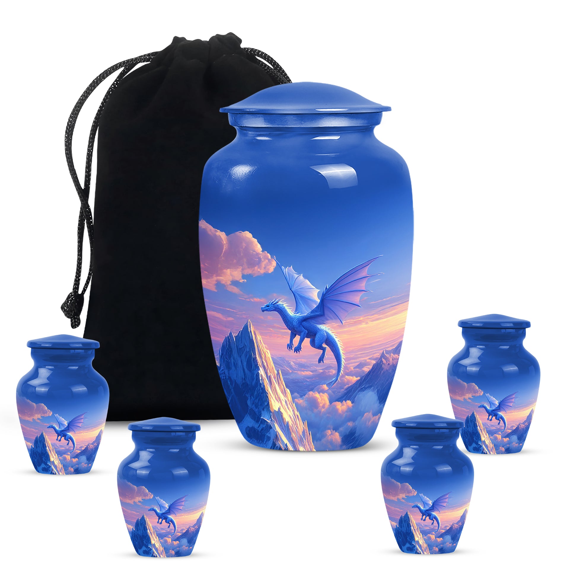Azure Dragon Cremation Urn top-down view of secure threaded lid - timeless dragon motif etched into premium metal - memorial set with one large and four small urns