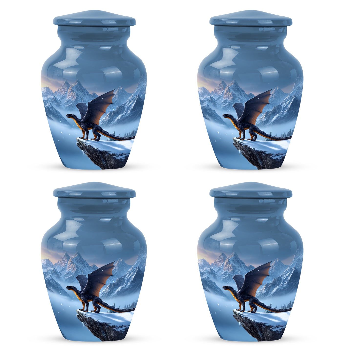 Soft Blue Dragon Cremation Urn side profile showing urn shape - traditional dragon engraving with hand-polished finish - 10 inch aluminum urn for cremated remains
