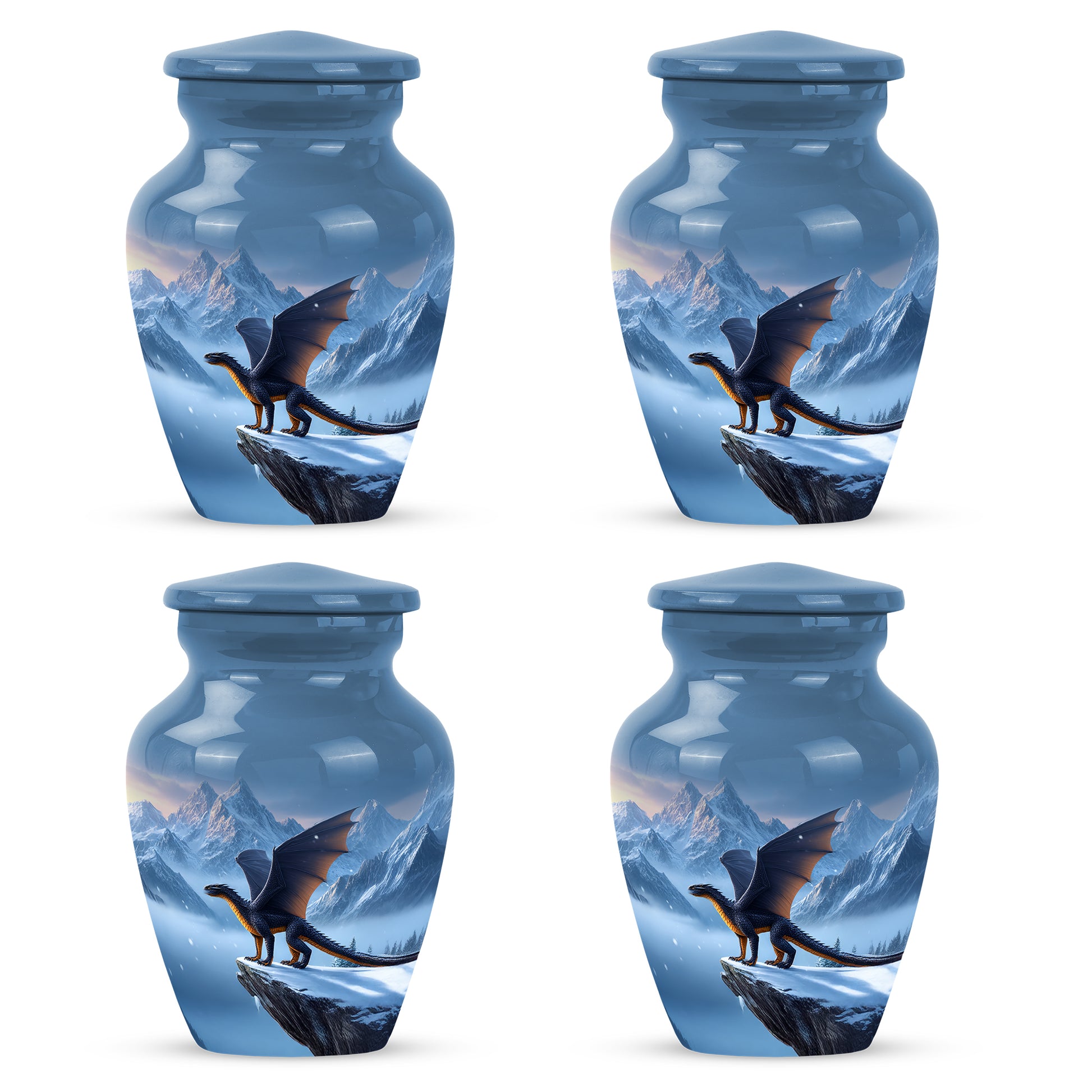 Soft Blue Dragon Cremation Urn side profile showing urn shape - traditional dragon engraving with hand-polished finish - 10 inch aluminum urn for cremated remains
