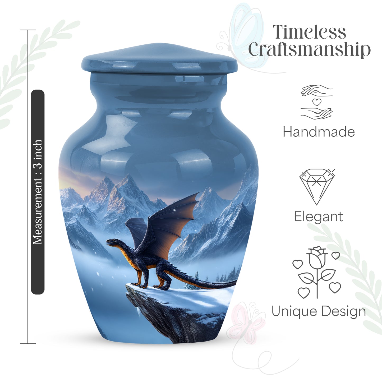 Celestial Blue Dragon Cremation Urn close-up of engraving and surface detail - timeless dragon motif etched into premium metal - mini keepsake memorial for portion of cremation ashes