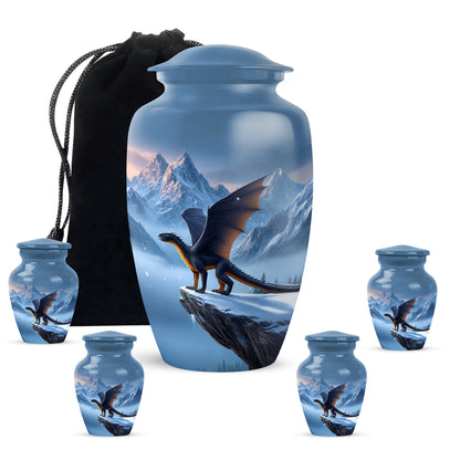 Royal Blue Dragon Cremation Urn top-down view of secure threaded lid - elegant classic dragon relief with fine detailing - memorial set with one large and four small urns