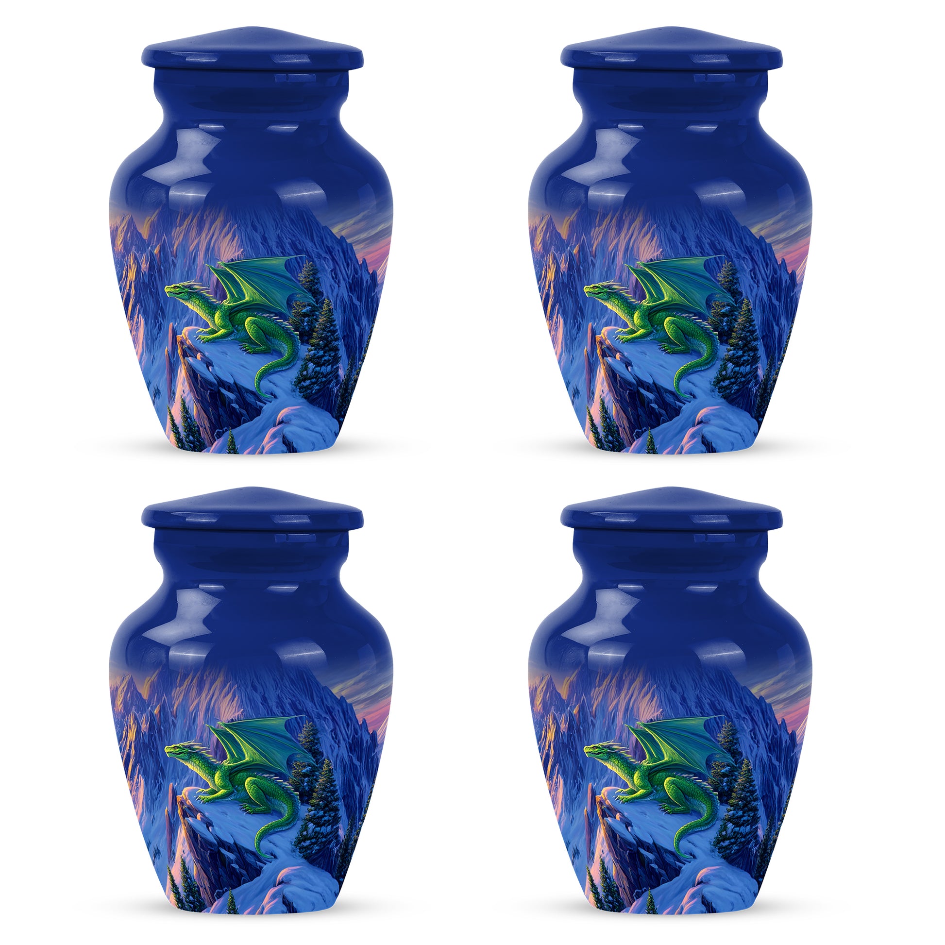 Twilight Blue Dragon Cremation Urn side profile showing urn shape - elegant classic dragon relief with fine detailing - 10 inch aluminum urn for cremated remains