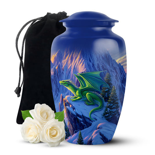 Pastel Blue Dragon Cremation Urn angled view of lid and engraved motif - classic sculpted dragon pattern on smooth aluminum - full-size 10 inch 200 cubic inch adult cremation urn