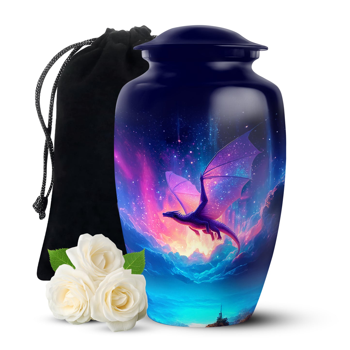 Dusty Blue Dragon Cremation Urn angled view of lid and engraved motif - timeless dragon motif etched into premium metal - full-size 10 inch 200 cubic inch adult cremation urn