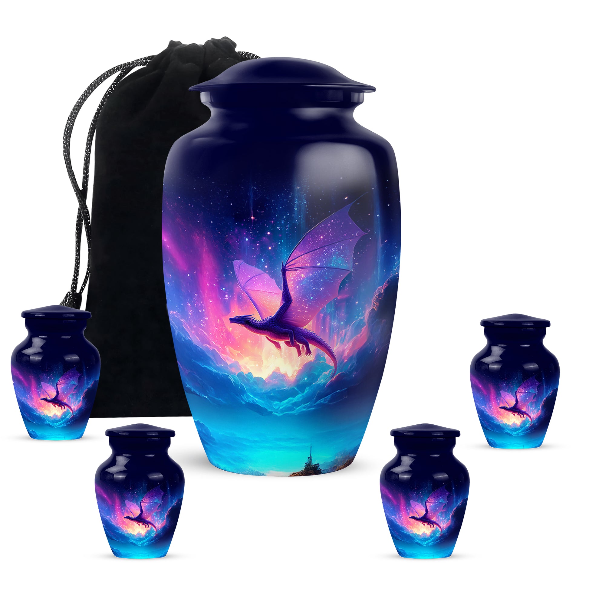 Navy Blue Dragon Cremation Urn top-down view of secure threaded lid - classic sculpted dragon pattern on smooth aluminum - memorial set with one large and four small urns