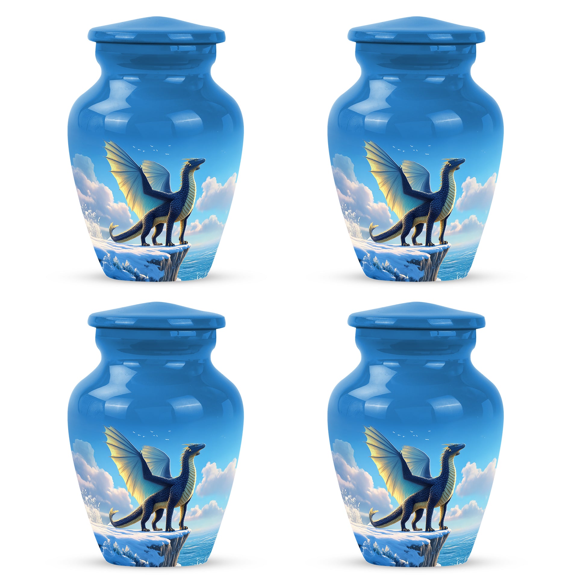 Calming Blue Dragon Cremation Urn side profile showing urn shape - traditional dragon engraving with hand-polished finish - 10 inch aluminum urn for cremated remains