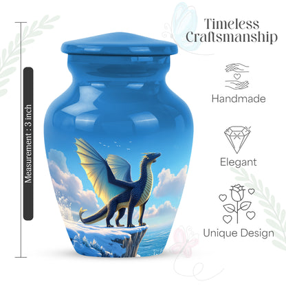 Powder Blue Dragon Cremation Urn close-up of engraving and surface detail - timeless dragon motif etched into premium metal - mini keepsake memorial for portion of cremation ashes
