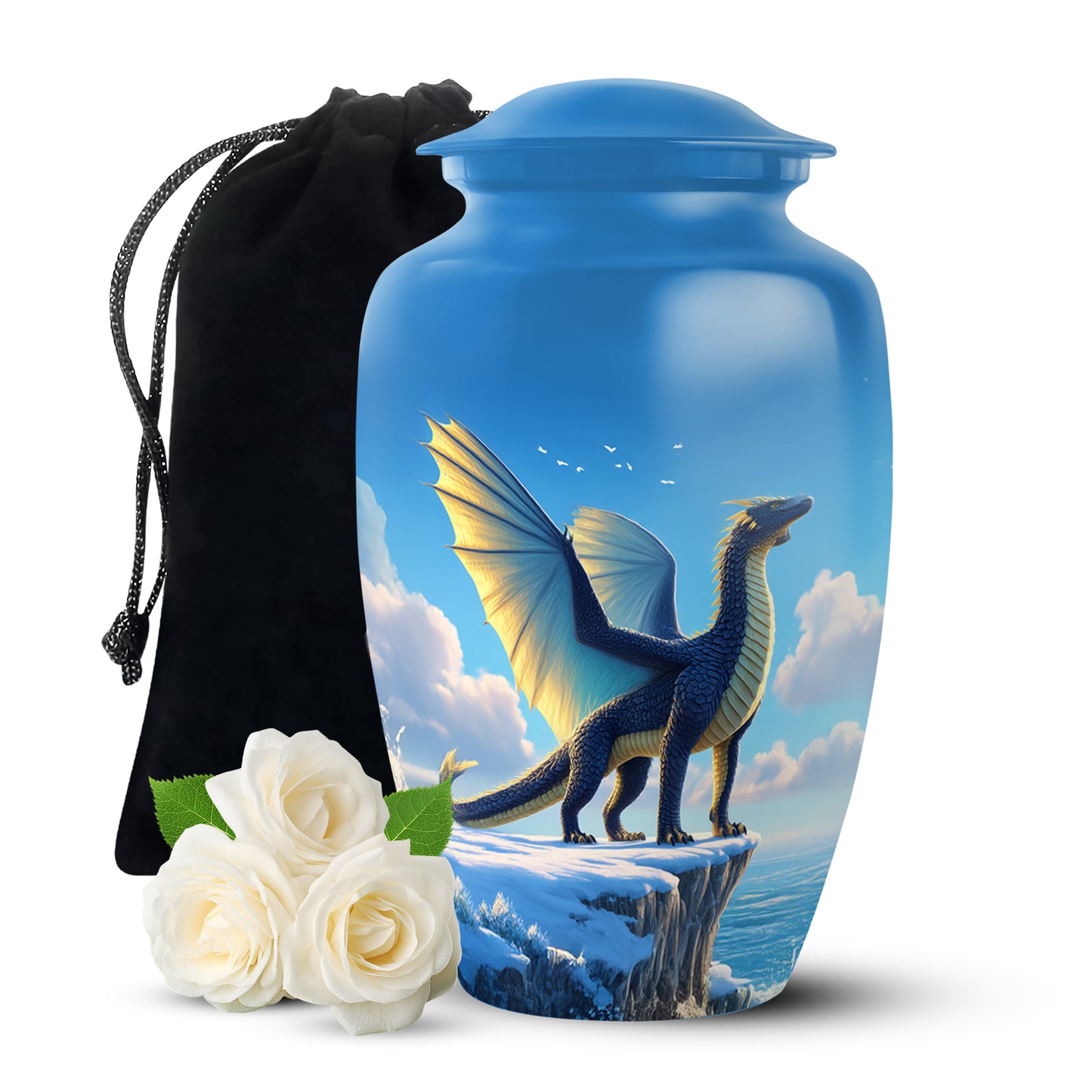 Pastel Blue Dragon Cremation Urn angled view of lid and engraved motif - classic sculpted dragon pattern on smooth aluminum - full-size 10 inch 200 cubic inch adult cremation urn