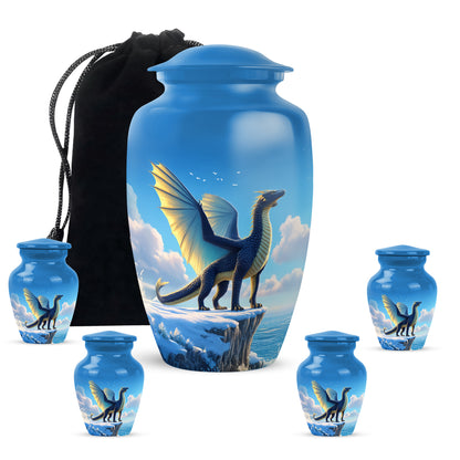 Dusty Blue Dragon Cremation Urn top-down view of secure threaded lid - classic sculpted dragon pattern on smooth aluminum - memorial set with one large and four small urns