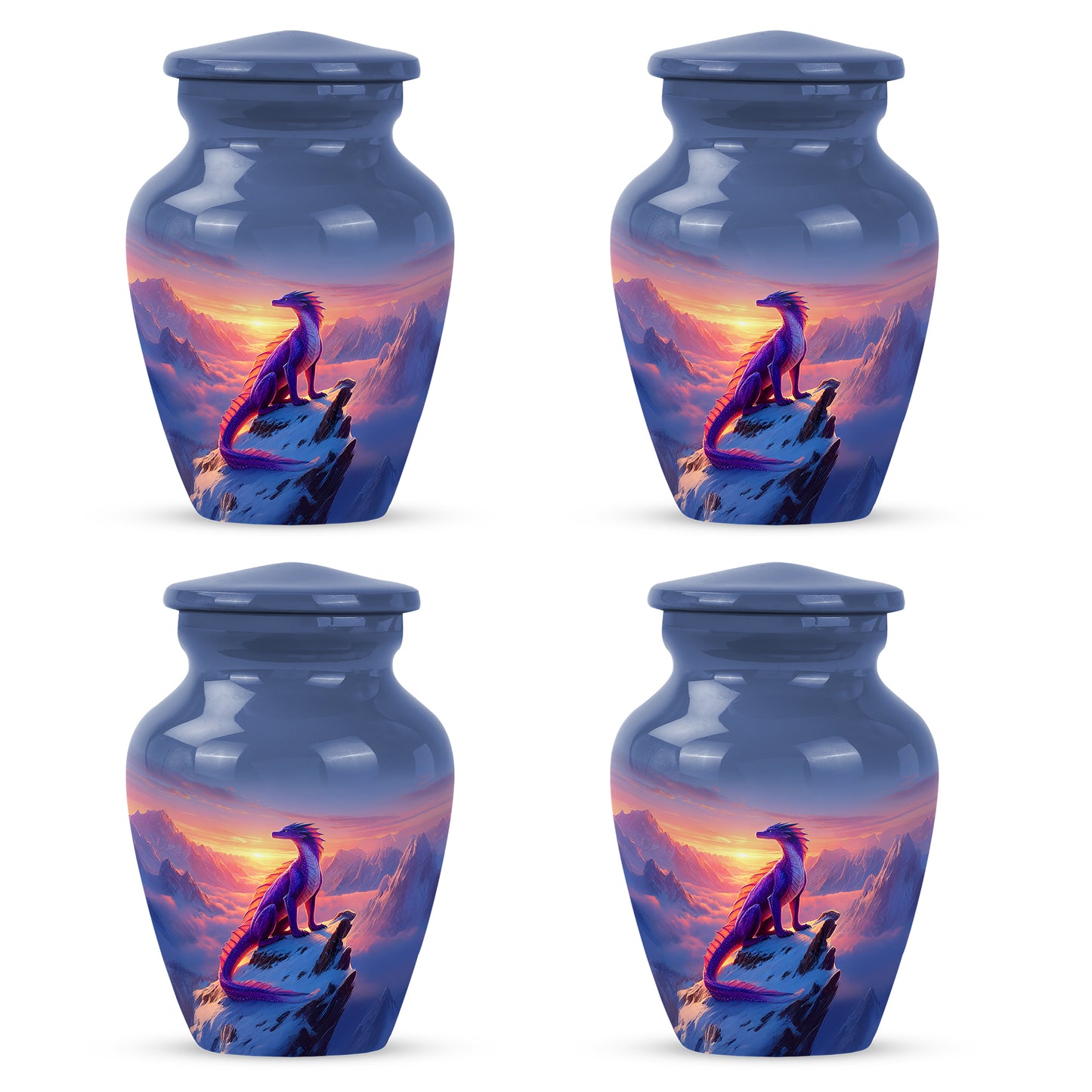 Bright Blue Dragon Cremation Urn side profile showing urn shape - traditional dragon engraving with hand-polished finish - 10 inch aluminum urn for cremated remains