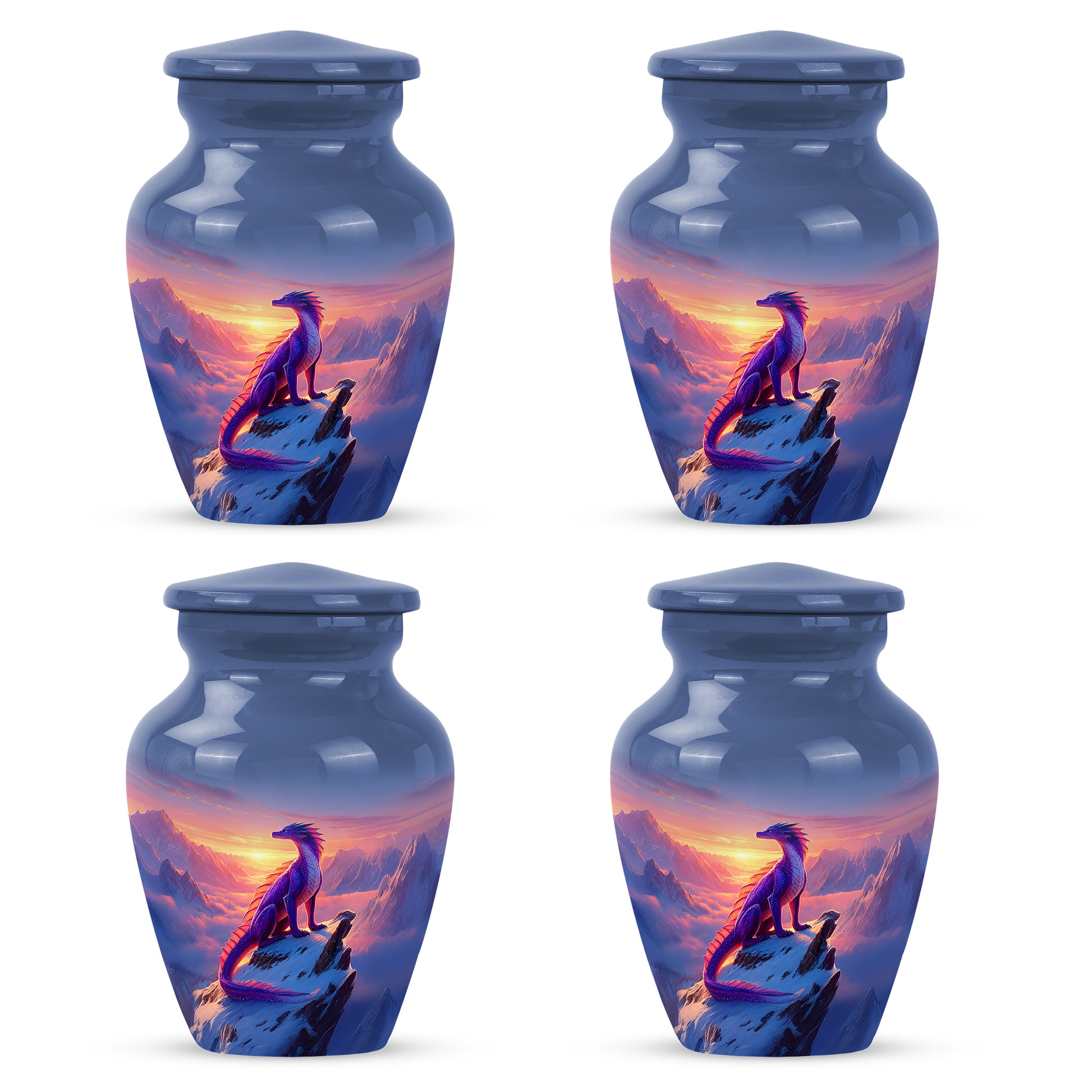 Bright Blue Dragon Cremation Urn side profile showing urn shape - traditional dragon engraving with hand-polished finish - 10 inch aluminum urn for cremated remains