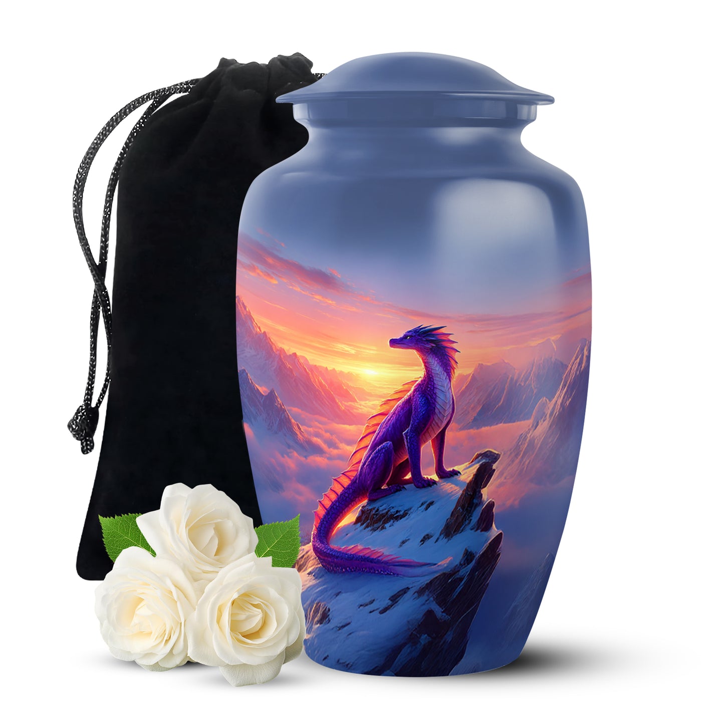 Twilight Blue Dragon Cremation Urn angled view of lid and engraved motif - traditional dragon engraving with hand-polished finish - full-size 10 inch 200 cubic inch adult cremation urn