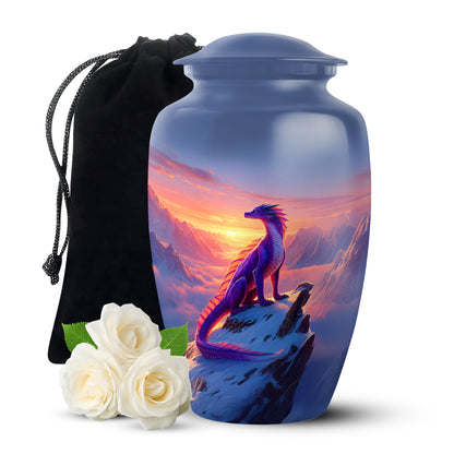 Twilight Blue Dragon Cremation Urn angled view of lid and engraved motif - traditional dragon engraving with hand-polished finish - full-size 10 inch 200 cubic inch adult cremation urn