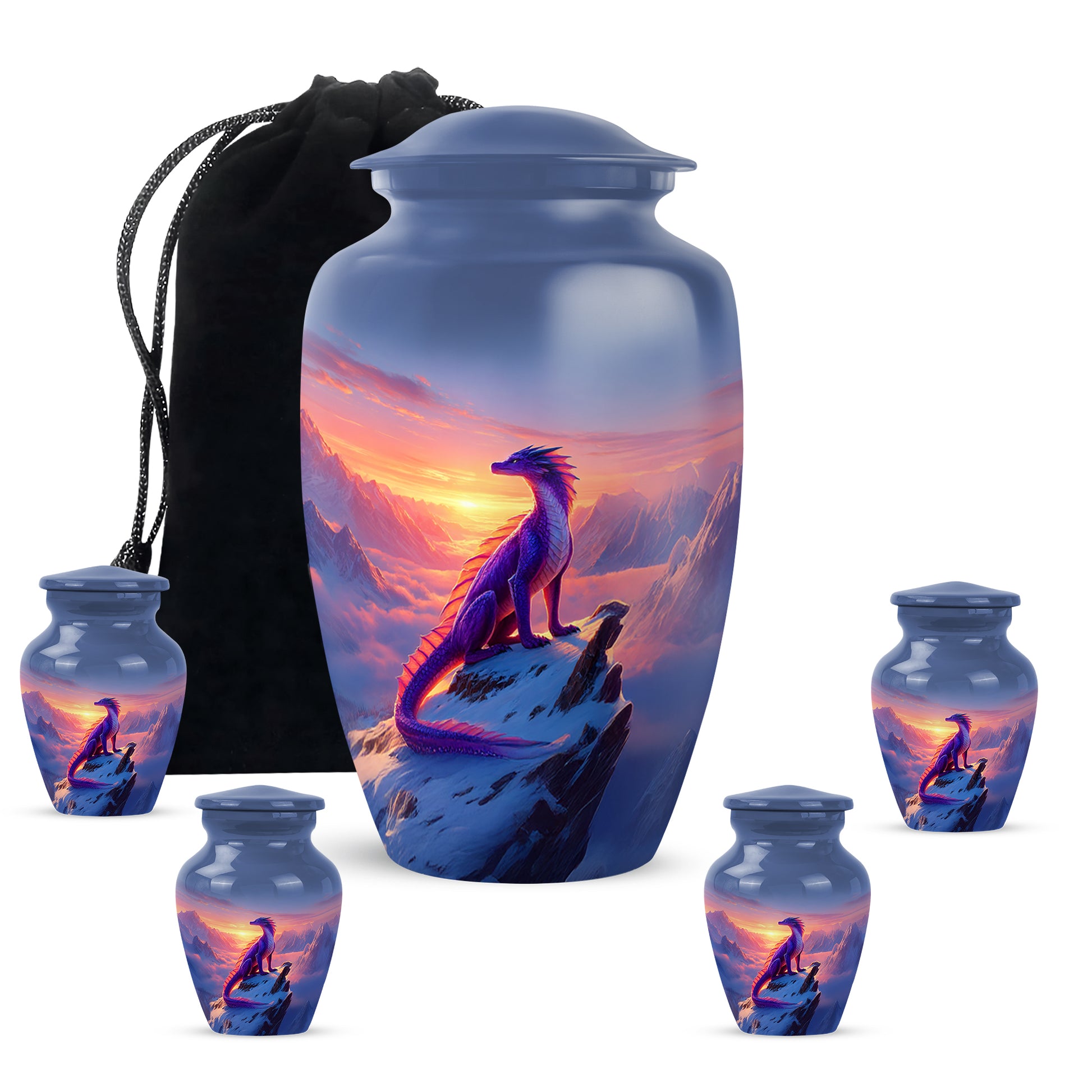 Misty Blue Dragon Cremation Urn top-down view of secure threaded lid - timeless dragon motif etched into premium metal - memorial set with one large and four small urns