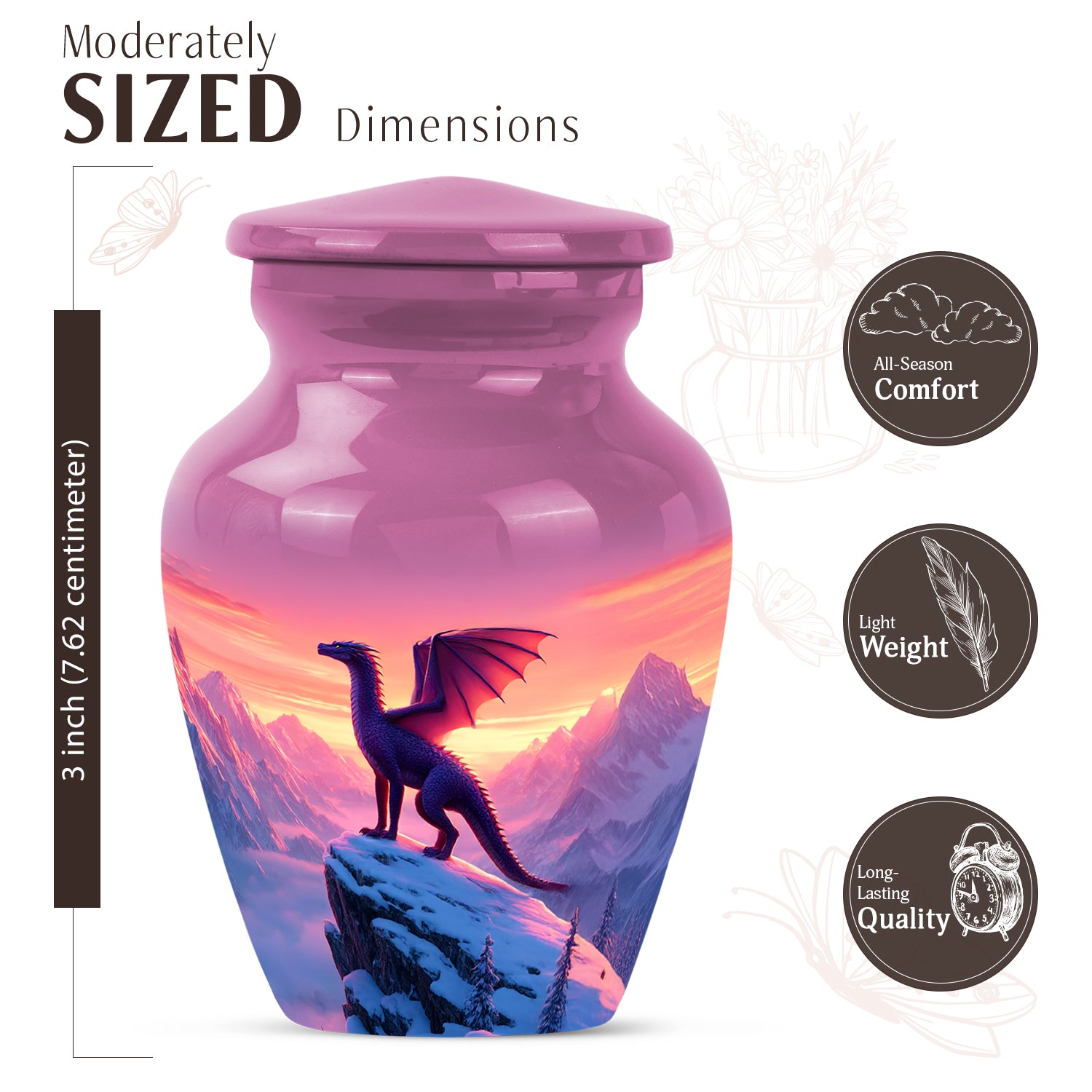Vintage Pink Dragon Cremation Urn close-up of engraving and surface detail - traditional dragon engraving with hand-polished finish - mini keepsake memorial for portion of cremation ashes