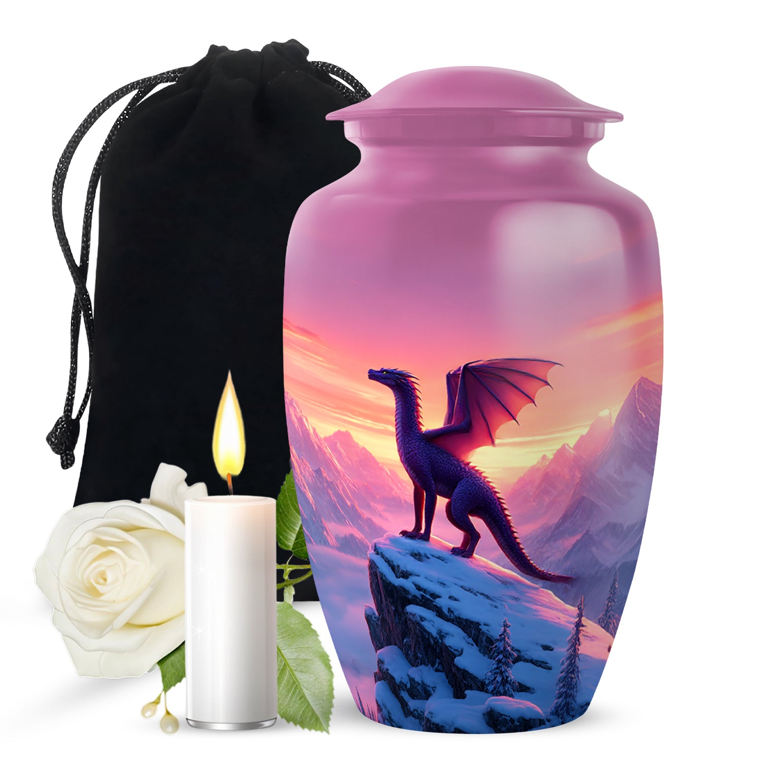 Petal Pink Dragon Cremation Urn angled view of lid and engraved motif - traditional dragon engraving with hand-polished finish - full-size 10 inch 200 cubic inch adult cremation urn