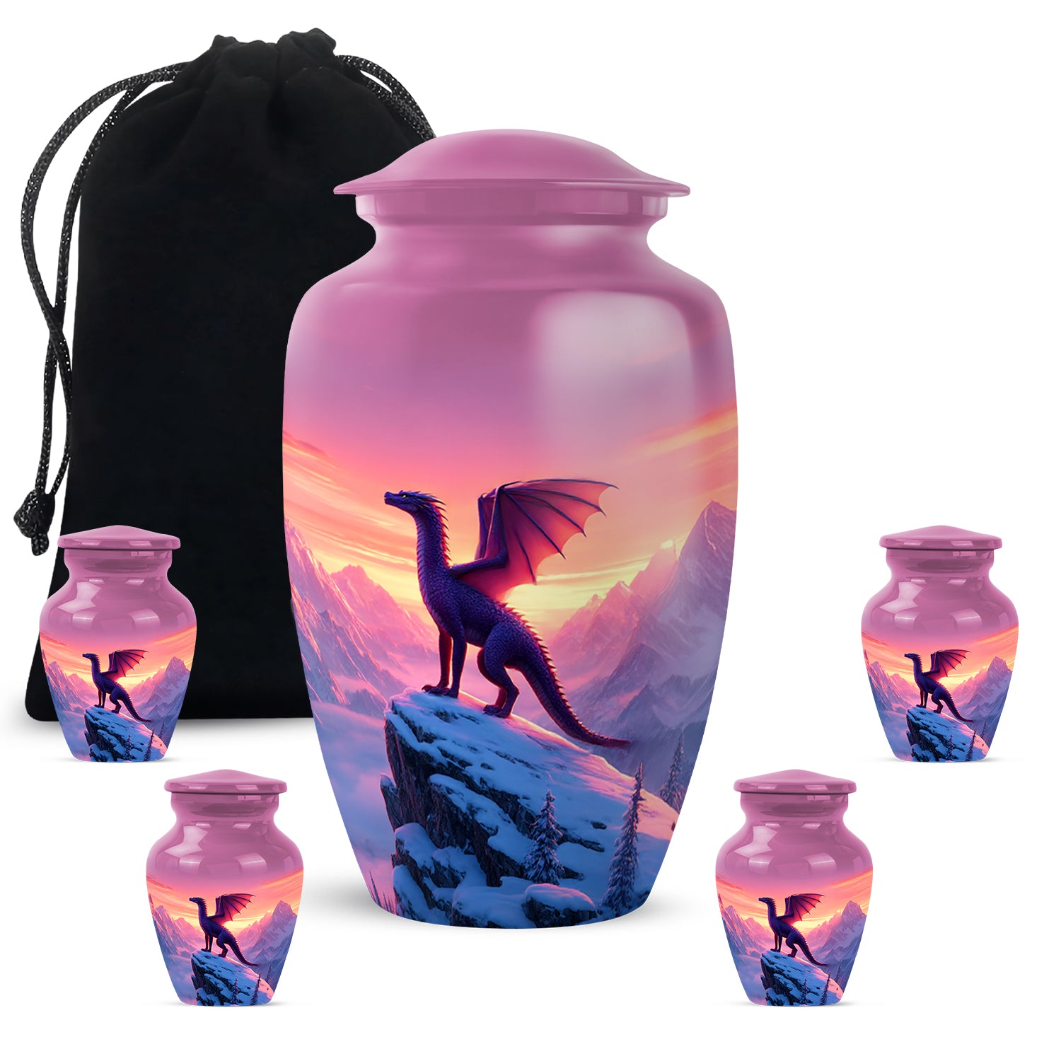 Dusty Pink Dragon Cremation Urn top-down view of secure threaded lid - traditional dragon engraving with hand-polished finish - memorial set with one large and four small urns