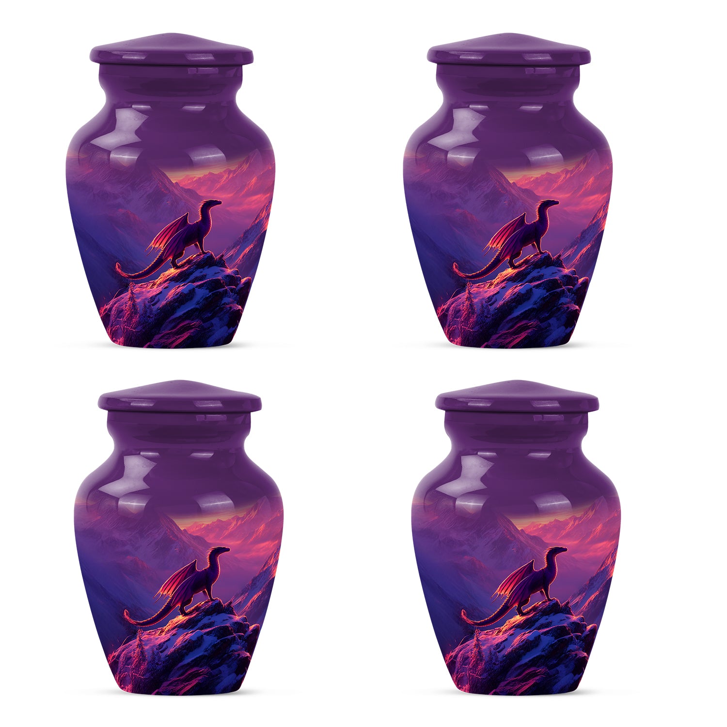 Royal Purple Dragon Cremation Urn side profile showing urn shape - elegant classic dragon relief with fine detailing - 10 inch aluminum urn for cremated remains