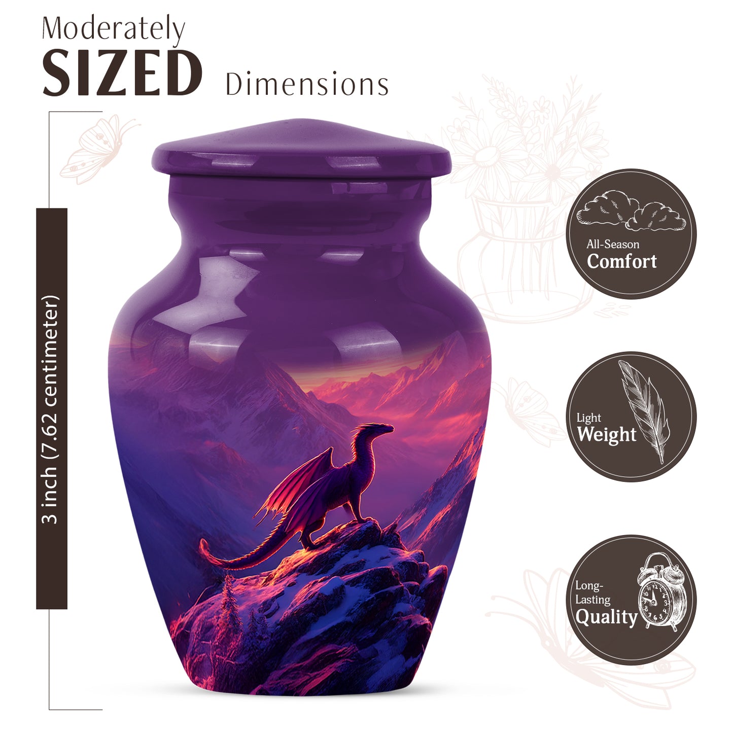 Orchid Purple Dragon Cremation Urn close-up of engraving and surface detail - timeless dragon motif etched into premium metal - mini keepsake memorial for portion of cremation ashes