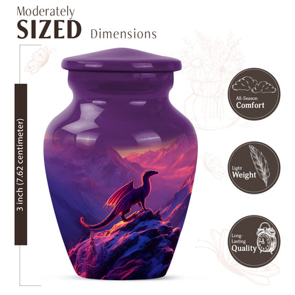 Orchid Purple Dragon Cremation Urn close-up of engraving and surface detail - timeless dragon motif etched into premium metal - mini keepsake memorial for portion of cremation ashes