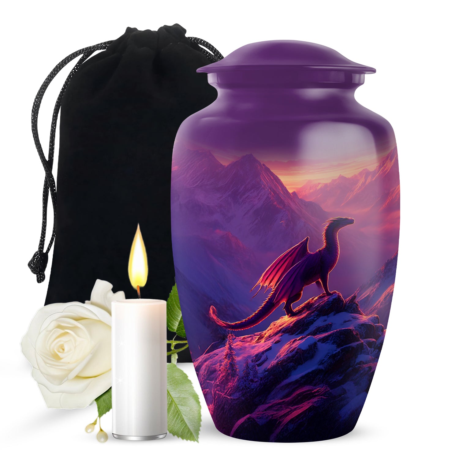 Violet Purple Dragon Cremation Urn angled view of lid and engraved motif - elegant classic dragon relief with fine detailing - full-size 10 inch 200 cubic inch adult cremation urn