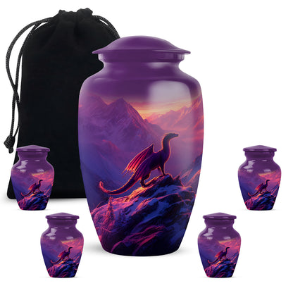 Violet Purple Dragon Cremation Urn top-down view of secure threaded lid - elegant classic dragon relief with fine detailing - memorial set with one large and four small urns