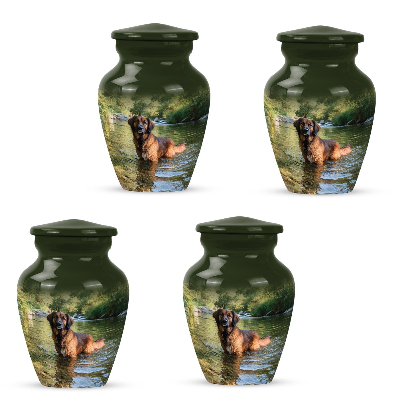 Pine Green Dog Cremation Urn side profile showing urn shape - traditional dog engraving with hand-polished finish - 10 inch aluminum urn for cremated remains