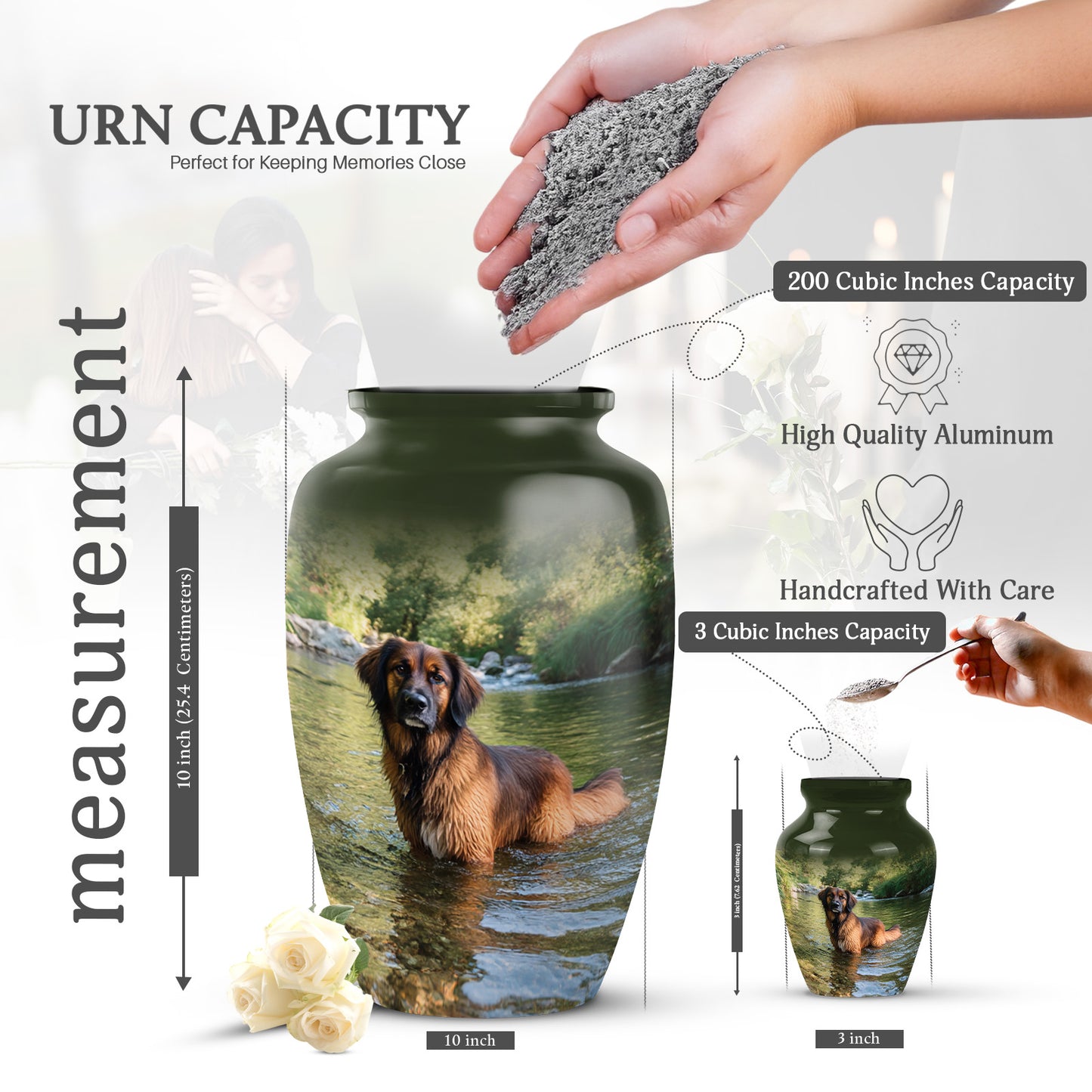 Moss Green Dog Cremation Urn close-up of engraving and surface detail - timeless dog motif etched into premium metal - mini keepsake memorial for portion of cremation ashes