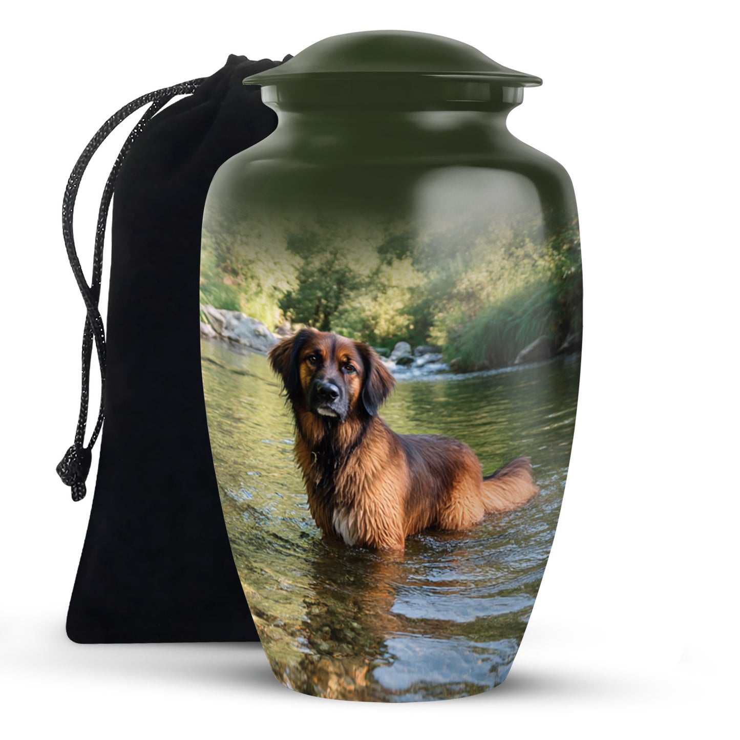 Hunter Green Dog Cremation Urn angled view of lid and engraved motif - elegant classic dog relief with fine detailing - full-size 10 inch 200 cubic inch adult cremation urn