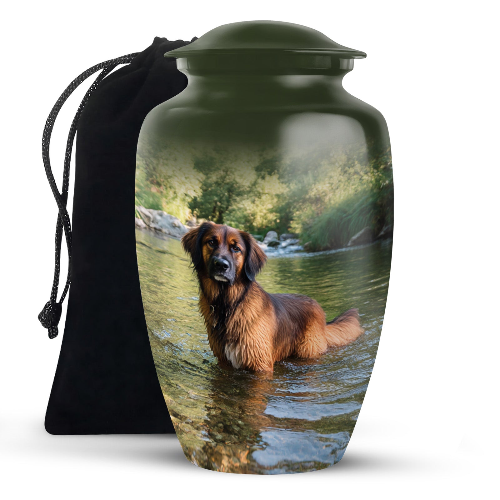 Hunter Green Dog Cremation Urn angled view of lid and engraved motif - elegant classic dog relief with fine detailing - full-size 10 inch 200 cubic inch adult cremation urn