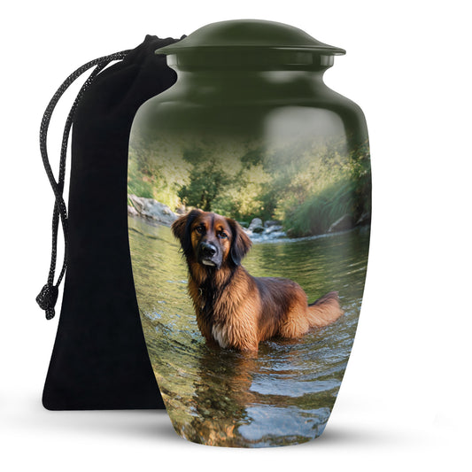 Hunter Green Dog Cremation Urn angled view of lid and engraved motif - elegant classic dog relief with fine detailing - full-size 10 inch 200 cubic inch adult cremation urn