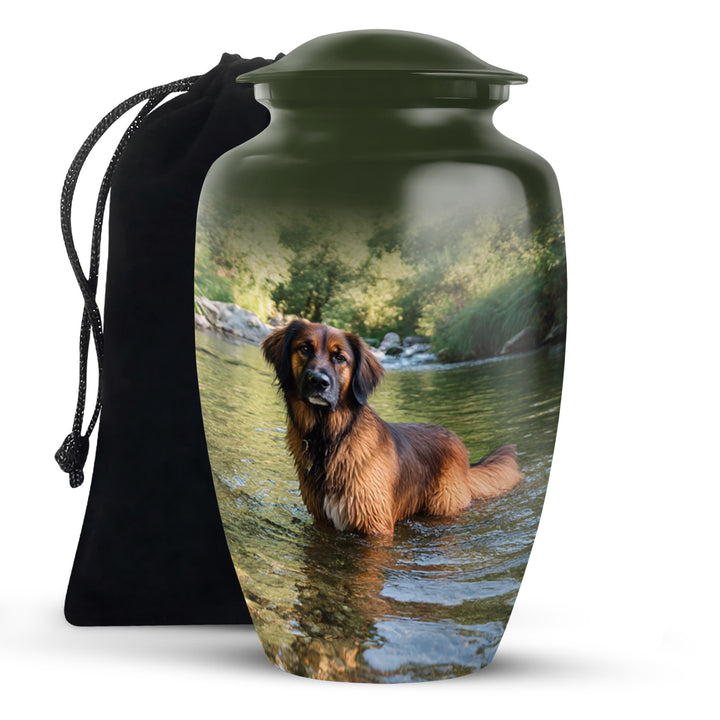 Hunter Green Dog Cremation Urn angled view of lid and engraved motif - elegant classic dog relief with fine detailing - full-size 10 inch 200 cubic inch adult cremation urn