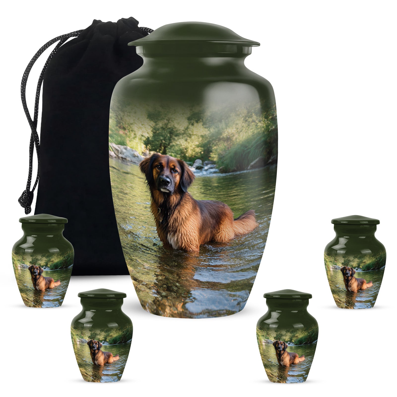 Verdant Green Dog Cremation Urn top-down view of secure threaded lid - timeless dog motif etched into premium metal - memorial set with one large and four small urns