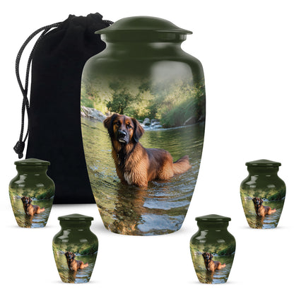 Verdant Green Dog Cremation Urn top-down view of secure threaded lid - timeless dog motif etched into premium metal - memorial set with one large and four small urns