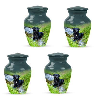 Ocean Teal Dog Cremation Urn side profile showing urn shape - timeless dog motif etched into premium metal - 10 inch aluminum urn for cremated remains