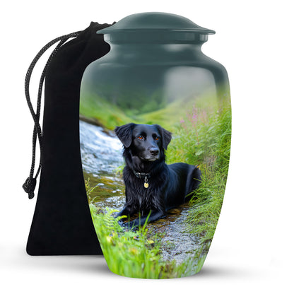 Soft Teal Dog Cremation Urn angled view of lid and engraved motif - timeless dog motif etched into premium metal - full-size 10 inch 200 cubic inch adult cremation urn