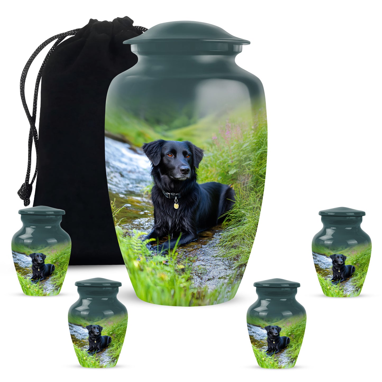 Deep Teal Dog Cremation Urn top-down view of secure threaded lid - elegant classic dog relief with fine detailing - memorial set with one large and four small urns