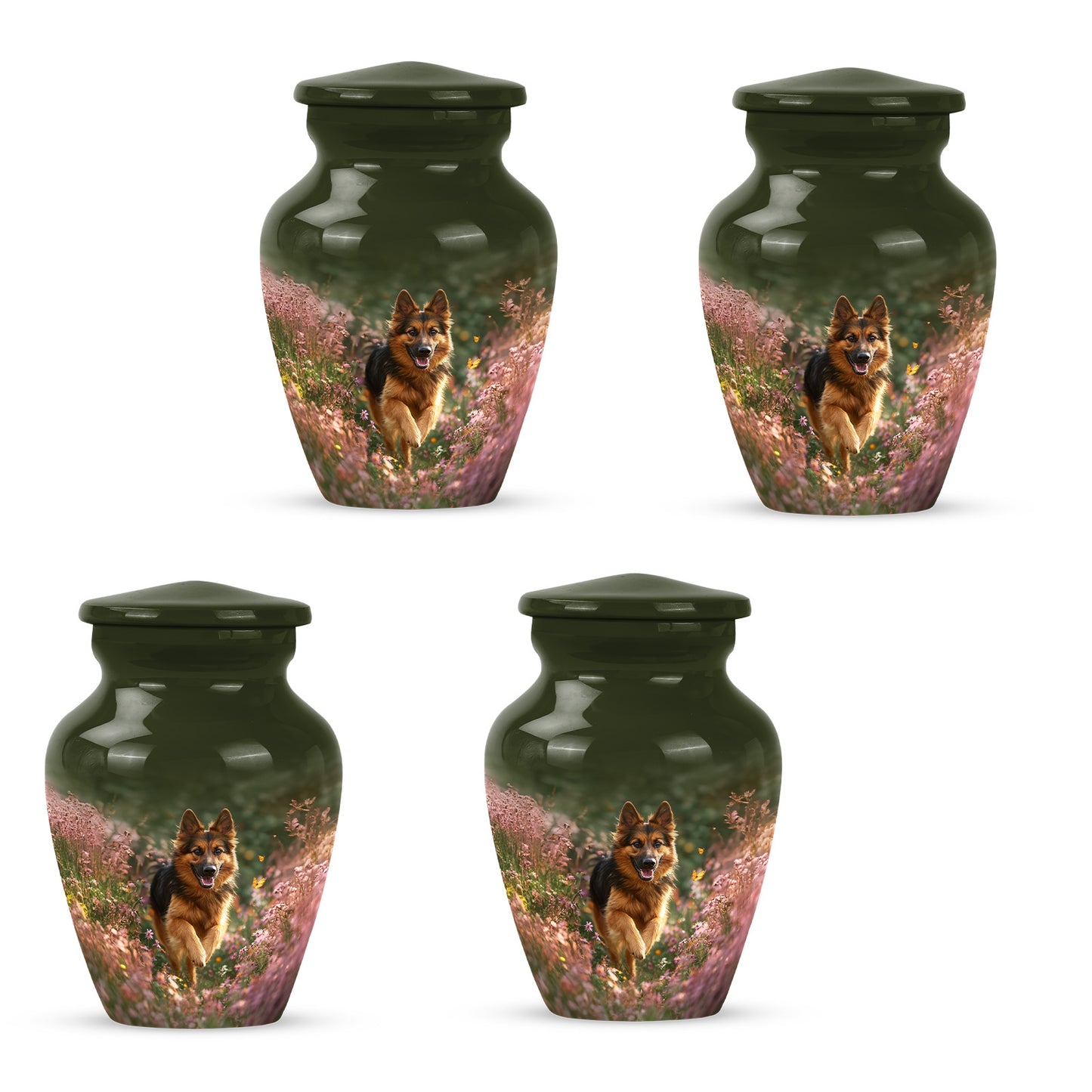 Lemon Yellow Dog Cremation Urn side profile showing urn shape - traditional dog engraving with hand-polished finish - 10 inch aluminum urn for cremated remains