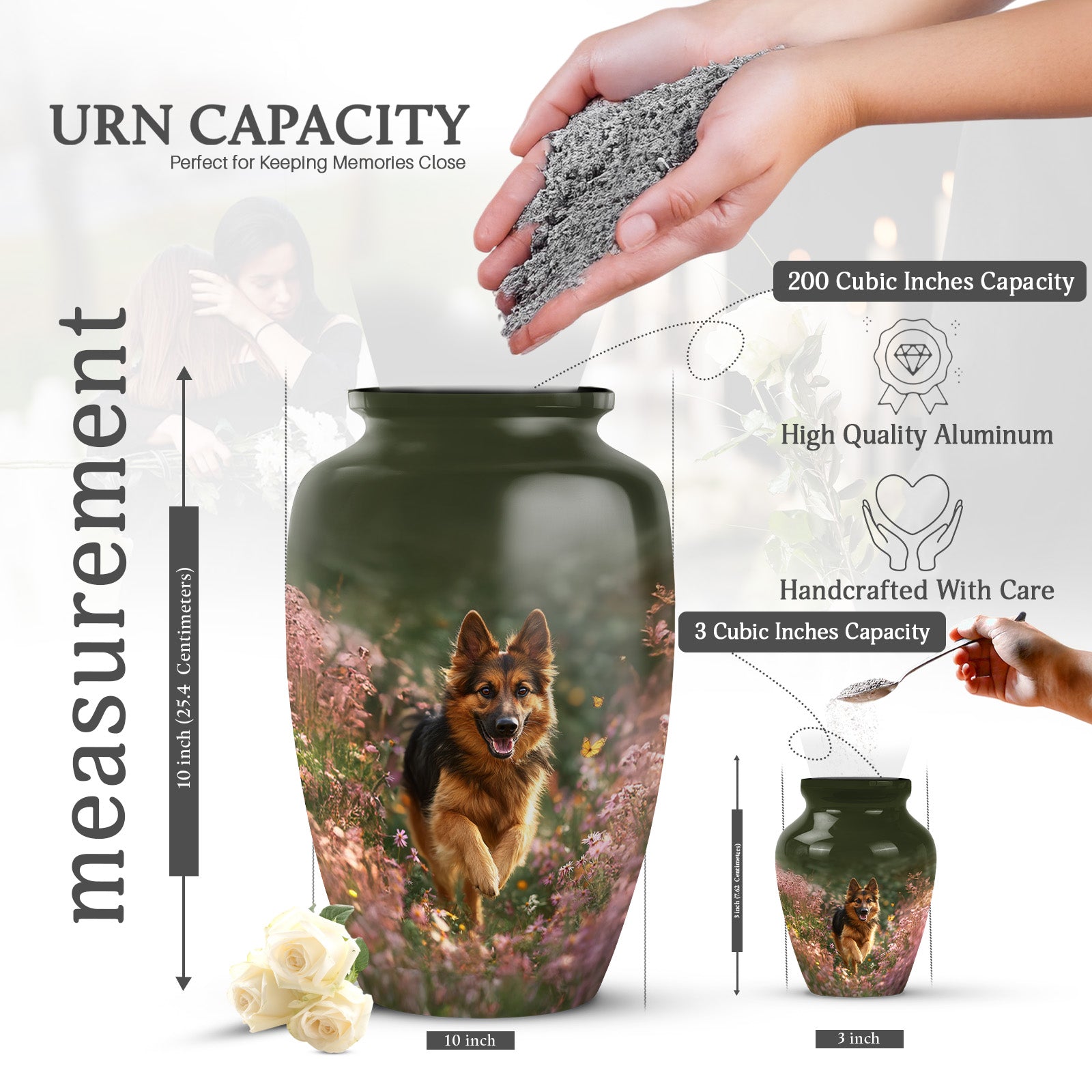 Harvest Yellow Dog Cremation Urn close-up of engraving and surface detail - classic sculpted dog pattern on smooth aluminum - mini keepsake memorial for portion of cremation ashes