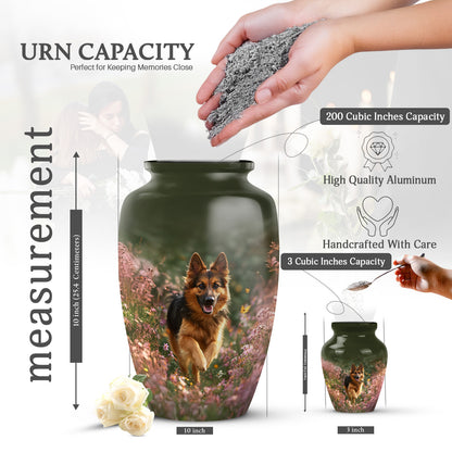 Harvest Yellow Dog Cremation Urn close-up of engraving and surface detail - classic sculpted dog pattern on smooth aluminum - mini keepsake memorial for portion of cremation ashes