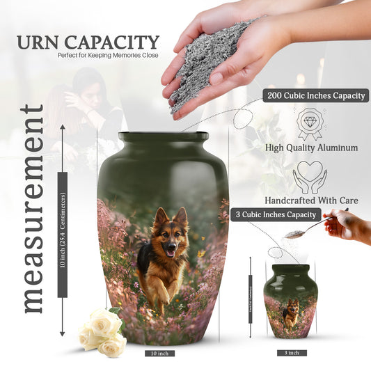 Harvest Yellow Dog Cremation Urn close-up of engraving and surface detail - classic sculpted dog pattern on smooth aluminum - mini keepsake memorial for portion of cremation ashes