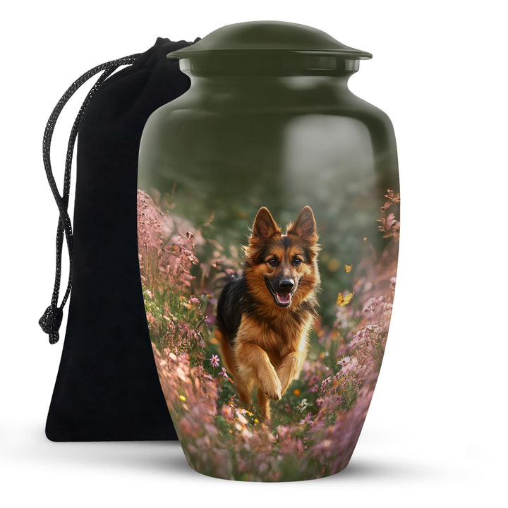 Marigold Yellow Dog Cremation Urn angled view of lid and engraved motif - traditional dog engraving with hand-polished finish - full-size 10 inch 200 cubic inch adult cremation urn