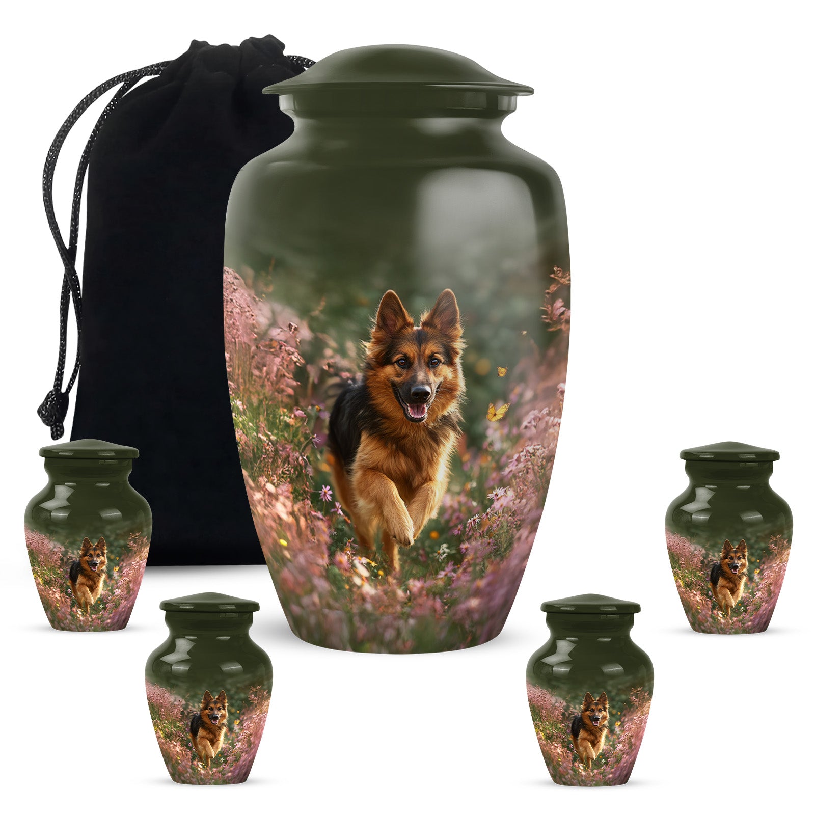 Buttercup Yellow Dog Cremation Urn top-down view of secure threaded lid - timeless dog motif etched into premium metal - memorial set with one large and four small urns