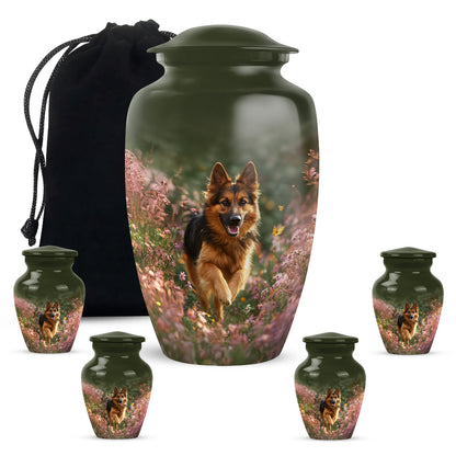 Buttercup Yellow Dog Cremation Urn top-down view of secure threaded lid - timeless dog motif etched into premium metal - memorial set with one large and four small urns