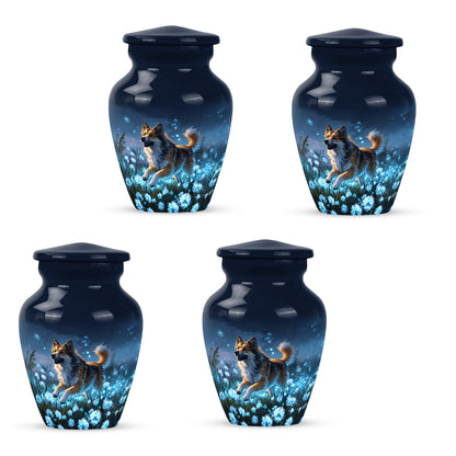 Twilight Blue Dog Cremation Urn side profile showing urn shape - elegant classic dog relief with fine detailing - 10 inch aluminum urn for cremated remains