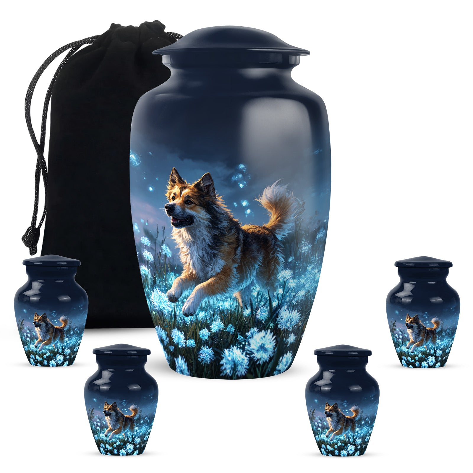 Powder Blue Dog Cremation Urn top-down view of secure threaded lid - classic sculpted dog pattern on smooth aluminum - memorial set with one large and four small urns